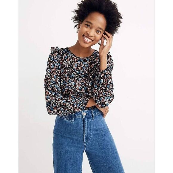 Madewell Blouse Top Womens Small Multicolor Floral Long Sleeve Round Neck Casual - Picture 1 of 9
